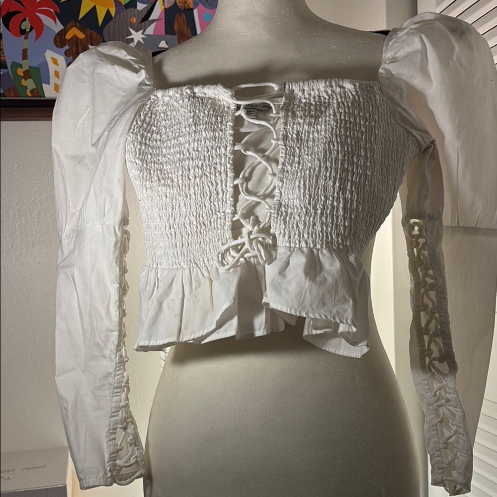 Guess White Smocked Long Sleeve Crop Blouse